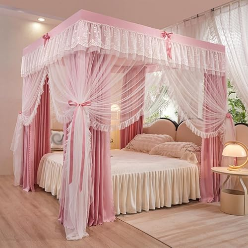 Himmelbett VorhäNge mit RüSchen, Prinzessin Canopy Bed Curtains, Drapiernetz mit 4 öFfnungen, Elegantes Moskitonetz für Mädchen und Erwachsene, Schlafzimmer, Dekoration,C,150 * 200cm* Without Stand