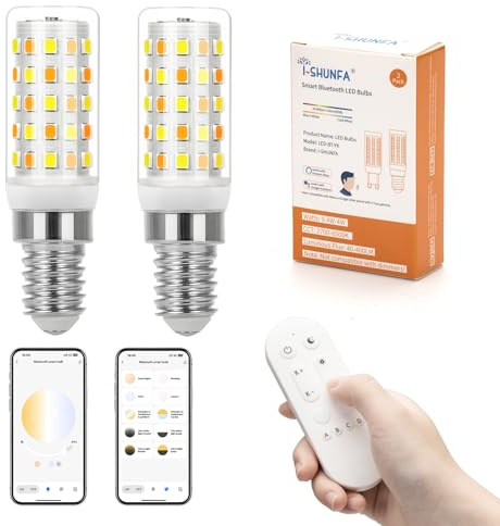 Bombillas LED E14 con Mando a Distancia y Control Mediante Aplicación, AC 230V, 2700K-6500K, 4W 400LM, LED E14 Regulable con Bluetooth, Brillo Ajustable del 1%-100% (Pack de 2 con Mando a Distancia)