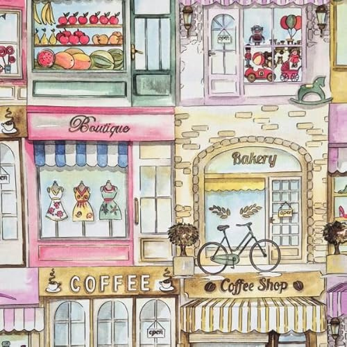 Stoff Meterware Victoria Street Baumwollstoff – 100% Baumwolle – Süße Boutiquen & Cafés – Detailverliebtes Italienisches Design – Dekostoff für Kissen, Taschen, Kinderzimmer Werthers Stoffe zum nähen