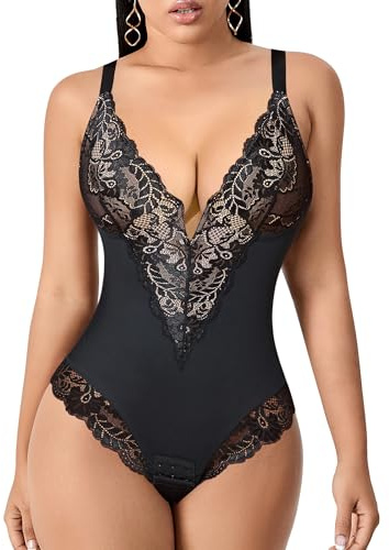 YARRCO Body Gainant Femme Ventre Plat String Gaine Amincissante Body Sculptant Bodysuit Shapewear Col V Dentelle Corset Minceur Invisible