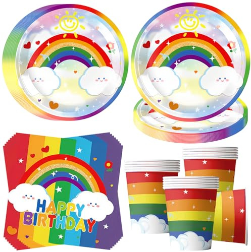 Cheukka Regenbogen Partygeschirr für 16 Gäste,52 Stück Happy Birthday Partyteller Party Geschirr Set,Regenbogen Geburtstag Pappteller Servietten Becher geschirr für Junge Mädchen Kindergeburtstag