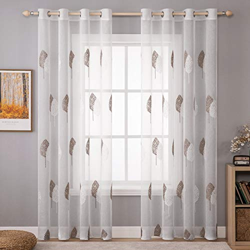 MIULEE Gardinen mit Kaffee und Weiss Blätter Muster 2er Set 140x245cm | Modern Stickerei Wohnzimmer Vorhänge Transparent mit ösen für Schlafzimmer Deko, Schöne Blätter Muster Vorhang Fenster
