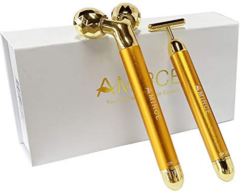 Face Massager Roller Set, Golden 3D Roller & T-Shaped Vibrating Facial Tool, Electric Face Roller for Lymphatic Drainage, Skin Tightening & Relaxing
