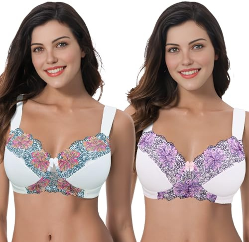 Curve Muse Reggiseno Minimizer da Donna Taglie Forti Reggiseno Senza Fili Sfoderato con Pizzo Ricamato - Confezione da 2 Pezzi-Latticello, Chiari Orchid-9D