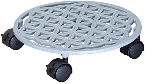 WAGNER Pflanzenroller Flower of Life Ø 29 x 6,5 cm I Blumenroller für Außenbereich + Innenbereich I Kübelroller aus Gusseisen, papyrusweiß I 2 Feststeller I Tragkraft 50 kg - 20091901