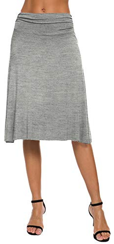 EXCHIC Donna Elegante Casual Elastico Midi Yoga Gonna Piega Media Vita Svasato A-Line Gonna(S, Grigio Chiaro)
