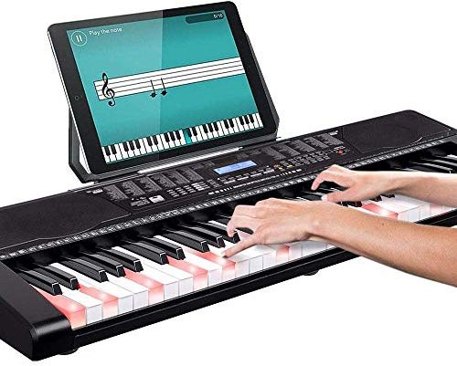 Bakaji Keyboard mit Musik, elektronisches Klavier, 61 beleuchtete Tasten, Klaviertasten, Multifunktional, mit 255 Rhythmen und 50 voreingestellten Songs, Schlagfunktion, AUX-Eingang, Notenpult/Tablet