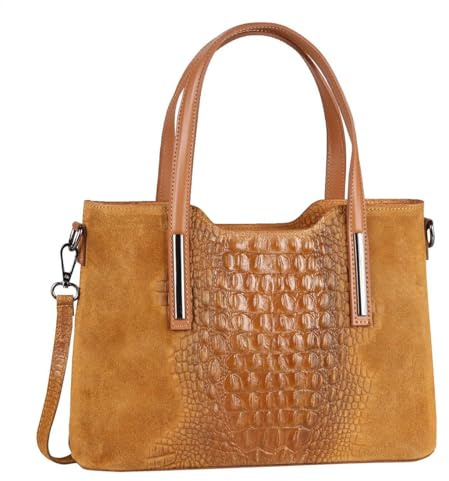 OBC Made IN Italy Damen Echt Leder Tasche Kroko-Prägung Business Shopper Wildleder Schultertasche Handtasche Ledertasche Umhängetasche