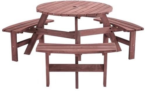 Panana 6 Seater Fir Wood Picnic Table Set Round Wooden Table with Bench Seats Furniture for Garden, Park, Patio
