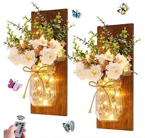 GUANSHAN 1PC Mason Jar Wall Lights, LED Strip Lights with Artificial Flower and Wood Board Rustic Wall Sconces Hanging Lantern for Bedroom, Garden, Wall Decor