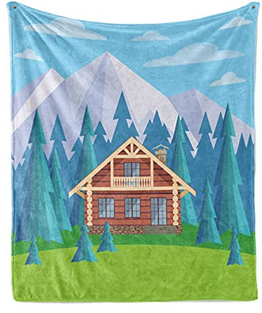 ABAKUHAUS Blockhaus Weiche Kuscheldecke Sofadecke, Holzhaus in Berg, Gemütlicher Plüsch für den Innen- und Außenbereich, 125 x 175 cm, Mehrfarbig