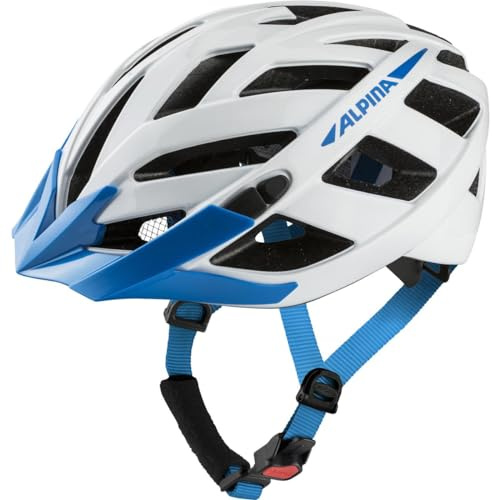 ALPINA PANOMA - Reflektierender & Optimal Belüfteter Fahrradhelm Mit Fliegennetz & Nachrüstbarem LED Für Erwachsene, White-Blue Gloss, M (56-59 cm)