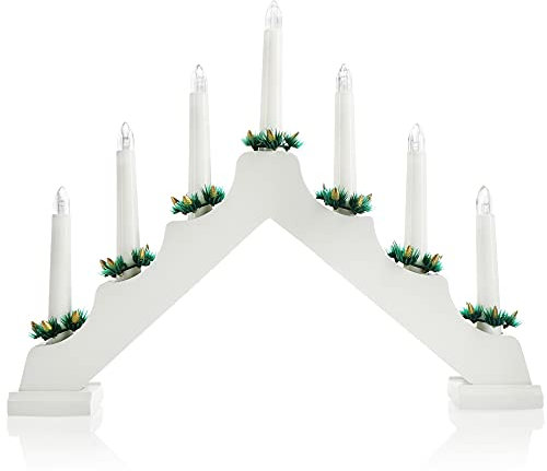 com-four® LED Schwibbogen als Weihnachtsbeleuchtung - Kerzenbrücke mit 7 LEDs - Lichterbogen Pyramide aus Holz - Fensterleuchter mit Timer-Funktion (01 Stück - 7 LEDs Holz weiß)