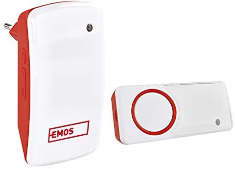 EMOS Batterielose Türklingel, Funkklingel Set mit 150 m Reichweite und 10 Melodien, 5 Stufen Lautstärke bis 95 dB/Visuelle Anzeige/Self-Learning Paarung/Farbe weiß/rot