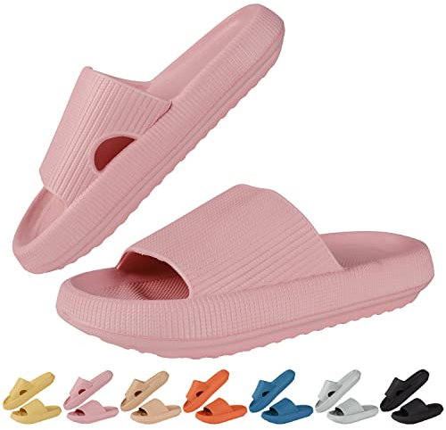 HEPODA Badtofflor för män och kvinnor, tofflor, Cozislides, Cozy Slides, mysiga hemmatofflor för sommaren, badskor, halkfria, som på moln, slip-in, skor, ROSA, 40/41 EU