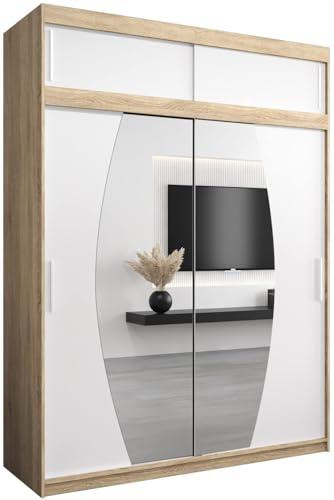 MEBLE KRYSPOL Elypse 180 Schlafzimmerschrank mit Zwei Schiebetüren, Spiegel, Kleiderstange und Regalen – 180x240x62cm - Sonoma + Mattweiß mit Verlängerung