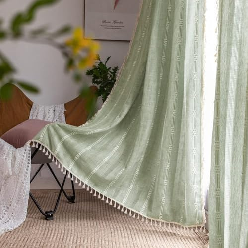 Sage Green Curtains for Living Room 84 Inches Long Boho Farmhouse Embroidery Striped Curtains 2 Pannels Linen Light Filtering Curtain, Bohemian Curtain Drapes, 55 W x 84 L