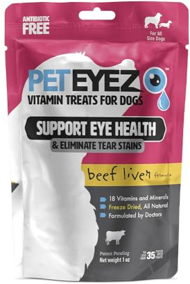 PetEyez Tear Stain Remover Vitamin Treats for Dogs - Support Eye Health & Reduce Itching & Tear Stain Buildup - 100% Natural Dog Treats with Superfoods, Antioxidants & Nutrients - Beef Liver - 1oz