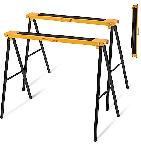 GiantexUK 2PCS Folding Saw Horse, Twin Pack Metal Trestle Stands with Non-Slip Work Surface and Convenient Handle, Heavy Duty Workbench for Garage Workshop Warehouse Home DIY, Load Capacity 275 kg