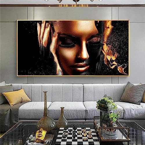 MHLCMG Leinwand Malerei Schwarz Gold Afrikanische Frau Bilder Wandkunst Moderne Poster Kunstdruck Bild Wand Wohnzimmer Schlafzimmer Dekor Kein Rahmen (70X140CM)