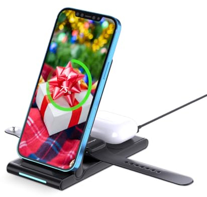 MMOBIEL Wireless Charger Stand Compatible with iPhone, Apple Watch and AirPods - Foldable 3-in-1 Wireless Fast Charger Compatible with Qi Magsafe Charging - Wireless Charging Stand for Phone - Black