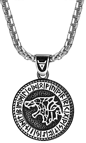JewelryWe Collar Vikingo Cabeza Lobo: Colgante Medallón Runa Plata Vintage de Acero Inoxidable para Hombre Amuleto Hipoalergénico Antialérgico - Para Uso Diario Regalo