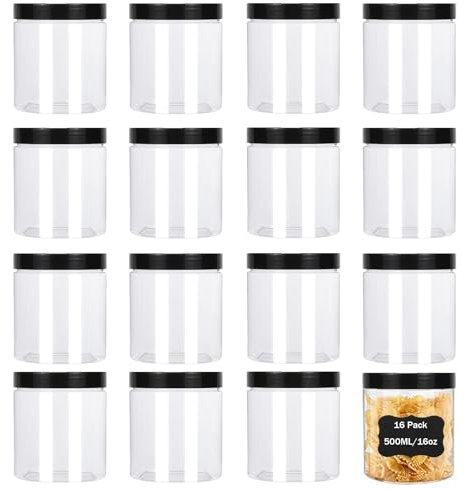 ZEONHEI Confezione da 16 barattoli in plastica da 500 ml con coperchio nero e adesivi, piccoli barattoli trasparenti in plastica ricaricabili, contenitori vuoti rotondi per alimenti, per la produzione