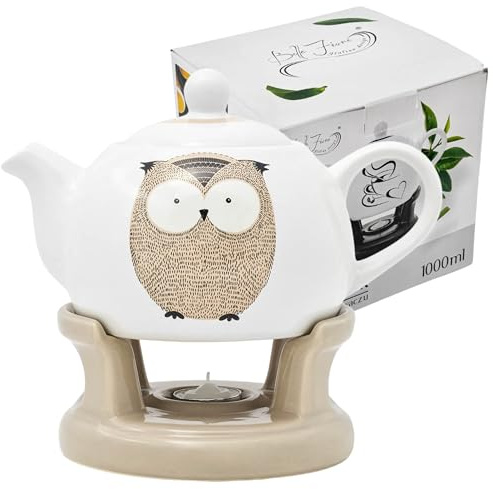 HUW - Glasierter Keramik Teekanne Set mit Stövchen und Teelicht 1000 ml - 1L Tropffrei Teekrug Herzmuster Keramikset Glasur - Teewärmer Teelichtwärmer Teelichthalter Teekessel Krug - Eule