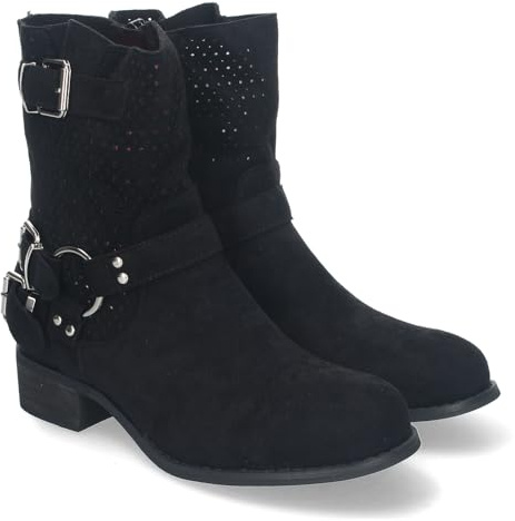 82454-Botines de Mujer con Tacon Bajo y Adornos de Hebillas, Estilo Casual, Cana Calada, Cremallera Lateral, Punta Redonda, Toda Ocasion. Talla 37 Negro
