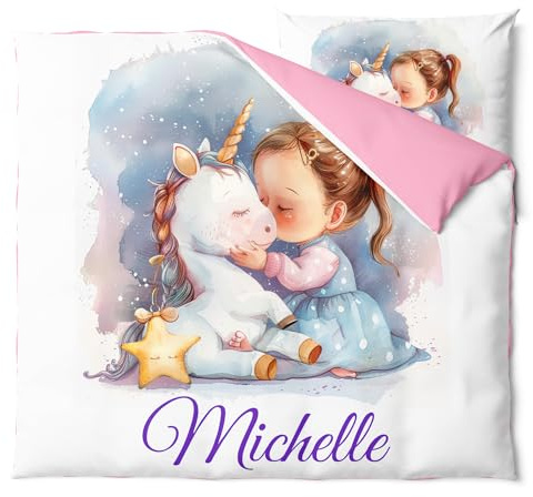 Pictogogo Wasserfarben Einhorn-Design Babybettwäsche für Mädchen, Personalisiert, Wählbare Baumwollunterfarbe (Weiß, Rosa, Blau, Grau), Oeko-TEX, 80 x 80 cm