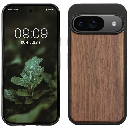 kwmobile Housse Compatible avec Google Pixel 9 / Pixel 9 Pro Coque - Étui de Protection Rigide en Bois avec Cadre en TPU - Brun foncé Bois