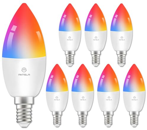 ANTELA Alexa Glühbirne E14 LED Smart WLAN Dimmbar RGBCW, 8 Stück | 16 Millionen Farben, Smart Life APP, Sprachsteuerung, Kompatibel mit Google Home