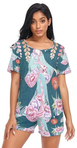 HMZXZ Damen Schlafanzug-Set japanisch Frau Blume Sommer Pyjama Woman Set,Frühling Blumen Loungewear und Shorts Lounge Set Sleepwear Nachtwäsche