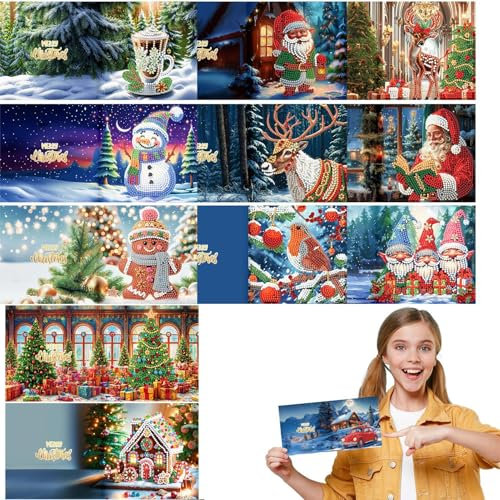 Kristallmalerei-Karten,Kristallmalerei-Grußkarten,Weihnachts-Kristall-Strass-Kunstkarten - Weihnachtskarte mit Kristallmalerei-Bohrer, 12 Stück Weihnachtsgrußkarten mit Umschlägen für Kinder