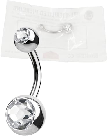 WARRIOR Piercing Ombelico STERILE Acciaio Chirurgico 316L Banana Classico Basic Doppio Cristalli BIANCO 12MM