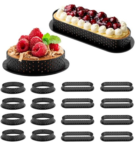 16Pcs Anillos paraTartas, Anillos de Postre, Antiadherente Moldes Perforados Tartaletas Aros, Redondo Ovalado Moldes Para Tartaletas De Mousse para Hornear, Chocolate, Mousse, Pasteles, Muffins