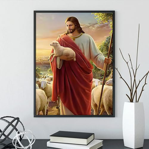 LXTOPN Religion Wandkunst Jesus Bild Leinwand Malerei, Jesus und Ziegen Home Decor Wandbilder, Nordic Poster und Drucke Christentum Wandbilder für Wohnzimmer 30x45cm Kein Rahmen (Rot)