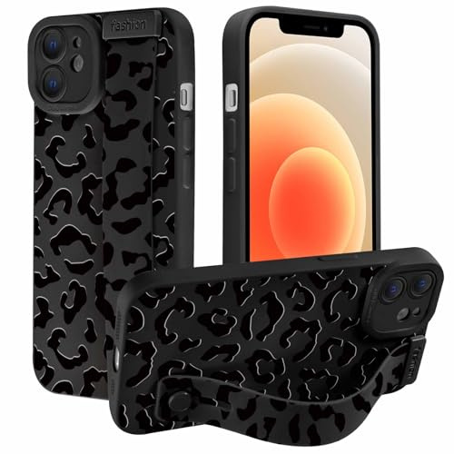 Foonary Black Leopard Phone Case for iPhone 12 6.1 with Wrist Strap Stand,Cute Cheetah Aesthetic Patterns Cases, Hand Holder Protective Cover for Women Girls with Finger Grip,for iPhone12