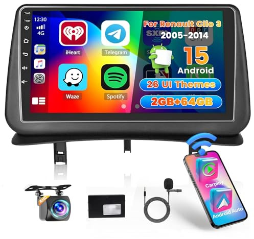 Hikity 2+64G Android 15 Autoradio per Renault Clio 3 2005-2014, 9'' | Wireless Carplay, Radio Stereo Auto 26UI Schermo, Android Auto GPS WIFI EQ, FM RDS MIC Telecamera Posteriore