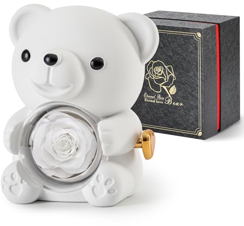 Ariceleo Romantic Teddy Bear with Preserved Rose - Hidden Jewelry Box and Heart-Shaped Necklace - Unique Gift for Her - Valentine's Day, Mother's Day, Weddings, Anniversaries, Bridal Showers (White)