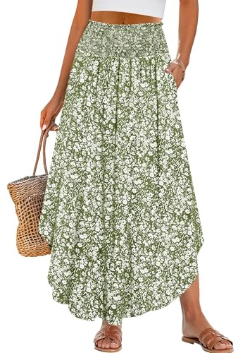 ANRABESS Women's Maxi Skirts Summer Boho Floral High Waisted Flowy Swing Pleated Beach Long Skirt with Pockets Green Large