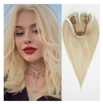 Haarteil Frauen 12-Zoll-Haarteile Mittelteil Damen Echthaar-Topper mit Spitzenbasis Clip in Haarverlängerungen Echthaarteile Haar Extensions(Light blonde)