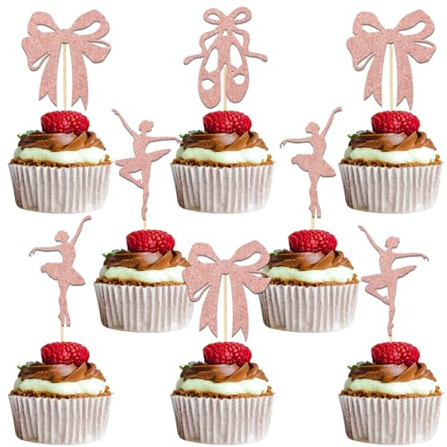 24Pcs Ballet Girls Cupcake Topper Ballerina Birthday Party Cake Decoration Ballerina Baby Shower Decoration Ballet Bow Birthday Party Supplies Rose Gold Glitter