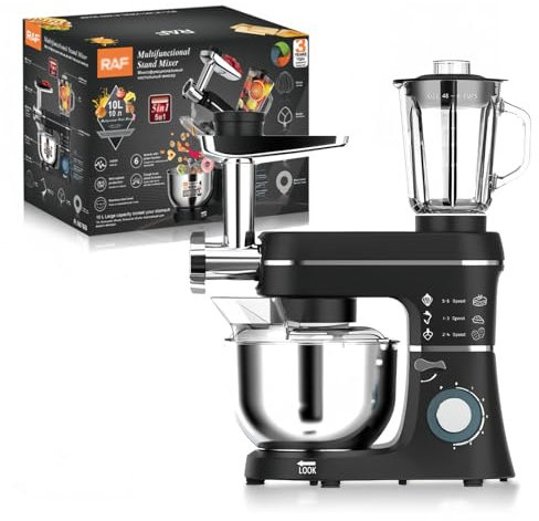 Robot Ménager Universel 5 en 1 avec Hachoir à Viande, Pétrin | Mélangeur Multifonction de 10 L | Extracteur de Jus de 1,5 L, Kit pour Saucisses, Moules pour Pâtes et Biscuits,Black
