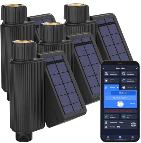 Royal Gardineer Gartenwasseruhr: 4er-Set WLAN-Bewässerungscomputer, Solarpanel, BT-Gateway, App, IP65 (Gartenschlauch)