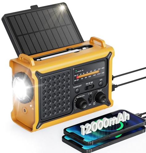 Emergency Weather Radio with Large Solar Panel, Efficient Hand Crank & Real 12000mAh Battery | AM/FM/NOAA Bands, LED Flashlight, Reading Lamp, SOS Alarm & Phone Charger for Camping, Blackout, Survival
