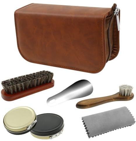 KEGAJEGA 7 Stück Schuhcreme mit Rosshaarbürste mit Langem Griff Schwarz-Weiße Schuhcreme Reinigungstuch Schuhlöffel Schuhputzset Rosshaarbürste Schuhputzset Leder zur Pflege von Lederschuhen