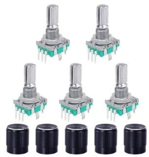 5er Set EC11 Rotary Encoder Modul, Digital Potentiometer Audio Potentiometer, 360 Grad Drehgeber Drehwinkelgeber 5 Pin mit Schalter & Knopf, Endlosdrehgeber für Arduino, Automobilelektronik, Audio