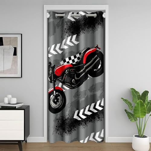 Homemissing Dirt Bike Doorway Curtain Privacy 132x203cm 1 Panel Motorcycle Comforter Cover Set Extreme Sports Motorbike Door Cover Curtain Window Treatments Room Decor Red Doors with Windows