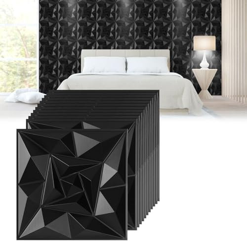 Jopassy Lot de 48 panneaux muraux 3D diamantés - 30 x 30 cm (4,32 m²) - Panneaux muraux 3D - Pour chambre de jeu - Panneaux décoratifs muraux en PVC imperméable - Noir mat